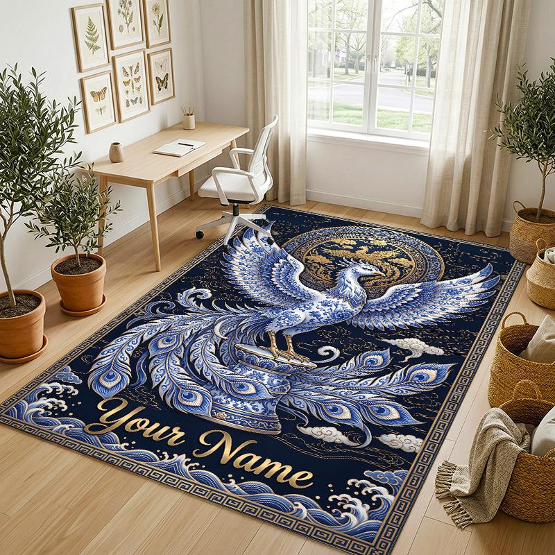 Dragon Phoenix Theme Crystal Velvet Rug Personalized Custom Name Text Soft Floor Mat Home Decor