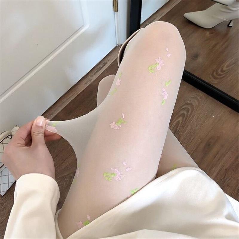 Pink pattern floral pantyhose Japanese sweet girl soft girl stockings pure desire milky white bottoming stockings long stockings