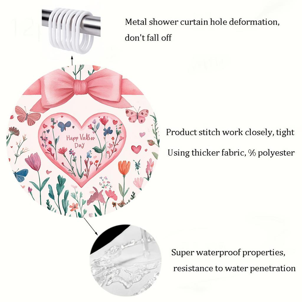1 Valentine'S Day Shower Curtain - Polyester Bathroom Decor With Floral Heart And Butterfly Pattern, Perfect For All Seasons