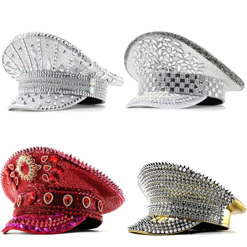 Luxurious Marine Hat with Decorative Rhinestones and Rivet Studded Cool Styles Top Hat for Music Festival Gathering