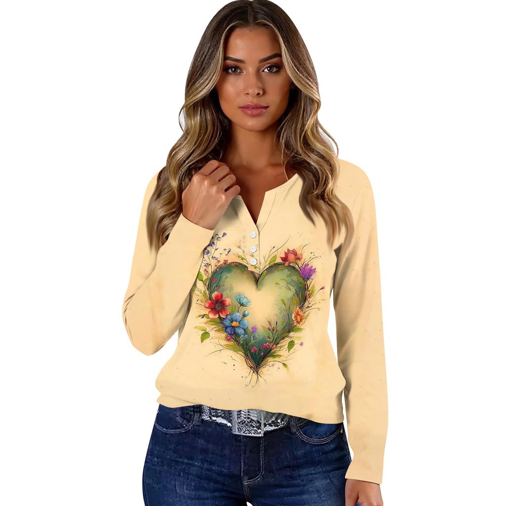 Damen T-Shirt mit V-Ausschnitt, lässig, Blumendruck, langärmelig, zum Zuknöpfen, langärmelig
