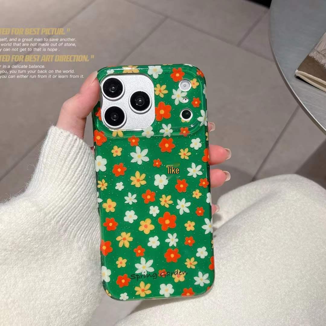 Glitter Green Flower Phone Case for iPhone 14/15/16/17 Pro Max iPhone 16 Pro