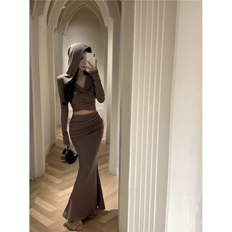 

Kumikumi Pure Desire Style Set Hood Chic Long sleeves Shirt Women Autumn Slim fit Slimming Sheath Skirt Two-piece Set Dune Skirt M