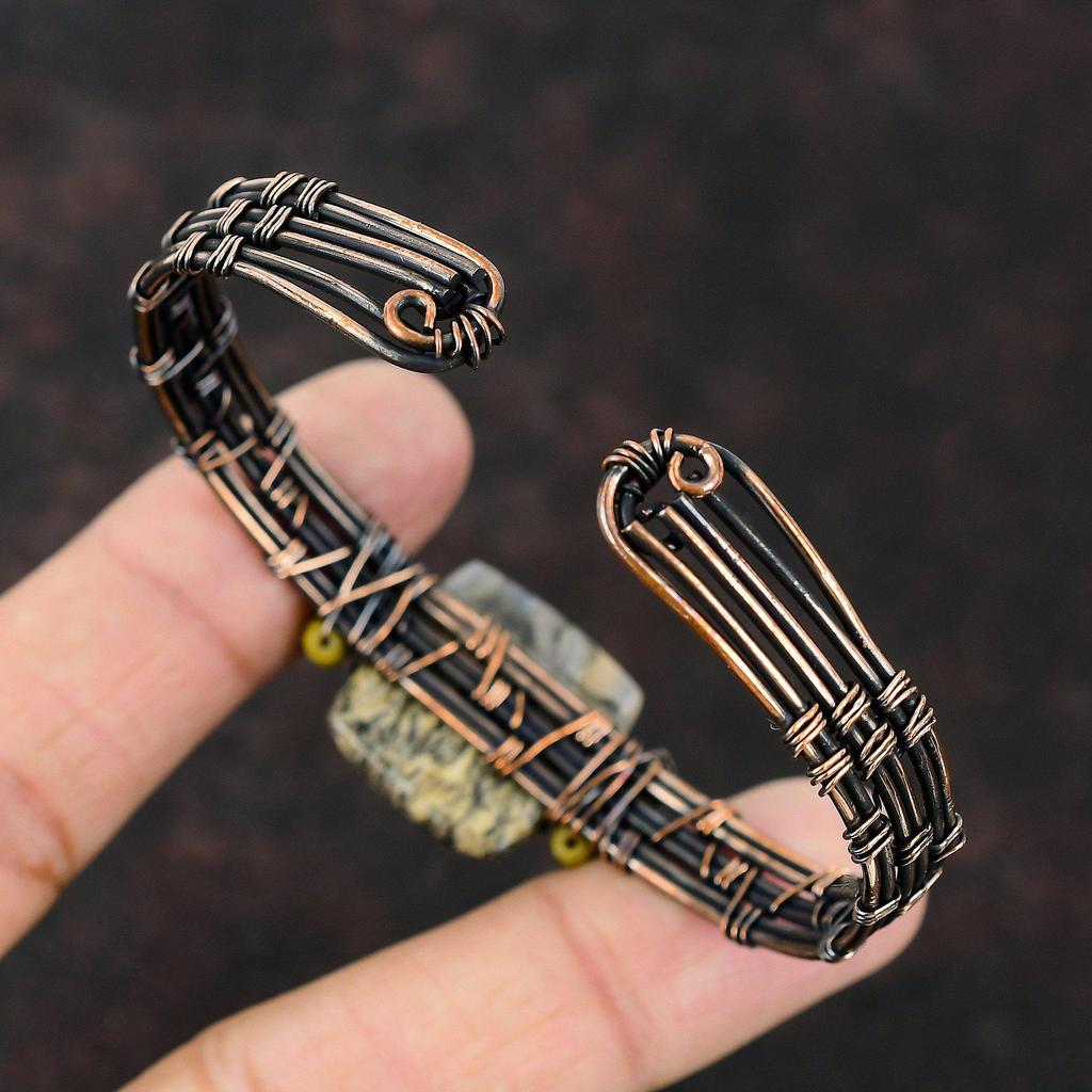 Wire Wrapped Plume Agate Cuff Bracelet Black Onyx & Red Coral Beads Bangle Copper Wire Wrapped Handmade Jewelry Adjustable Cuff Gift For Mom