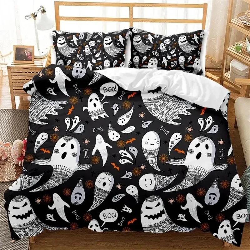 Cartoon Pumpkin Duvet Cover Gothic Halloween Skull Bedding Set Polyester Lantern Ghost Comforter Cover King For Boys Girls Decor