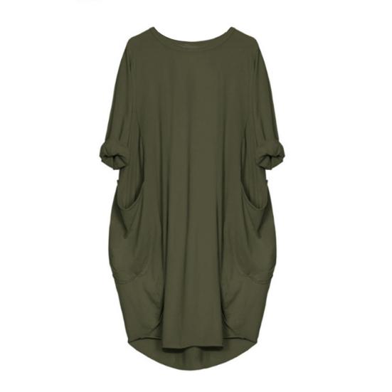Plus Size Casual Solid Color Women Long Sleeve Loose Midi Dress with Pockets