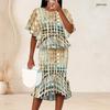 Women Plus Size Printed Two Piece Skirt Set Round Neck Batwing Sleeve Ruffle Hem Top Fishtail Skirt Black Grey Gold