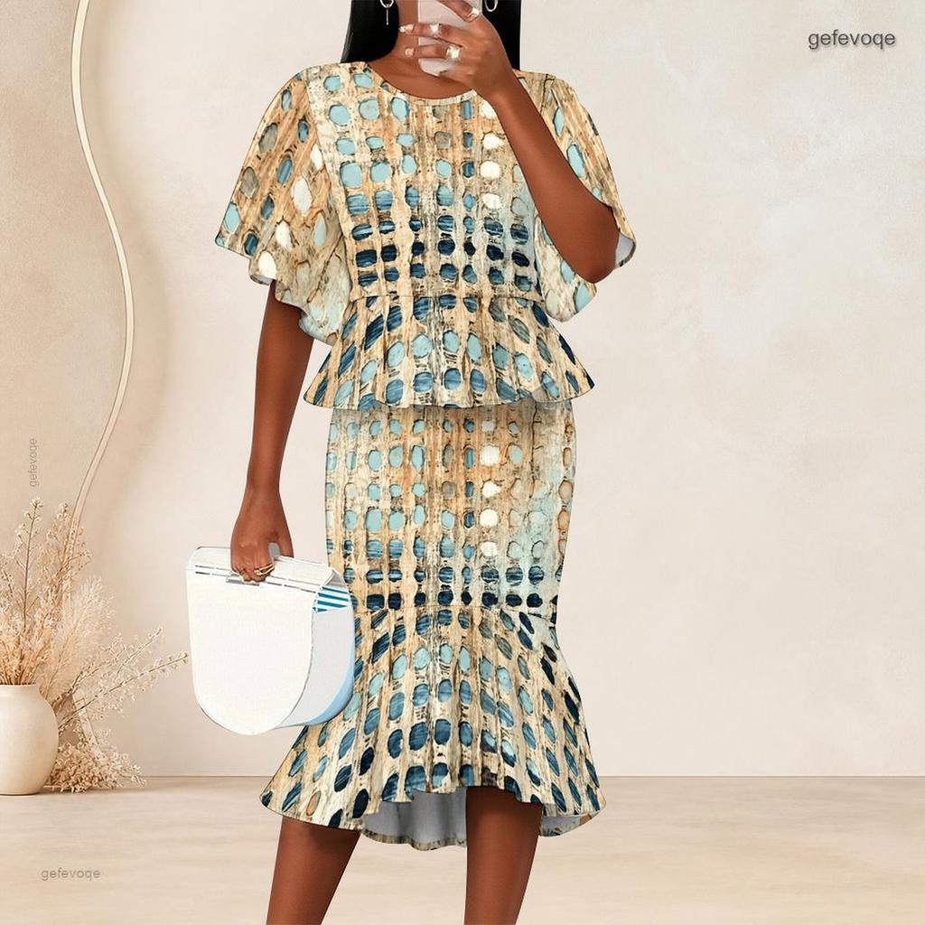 Women Plus Size Printed Two Piece Skirt Set Round Neck Batwing Sleeve Ruffle Hem Top Fishtail Skirt Black Grey Gold