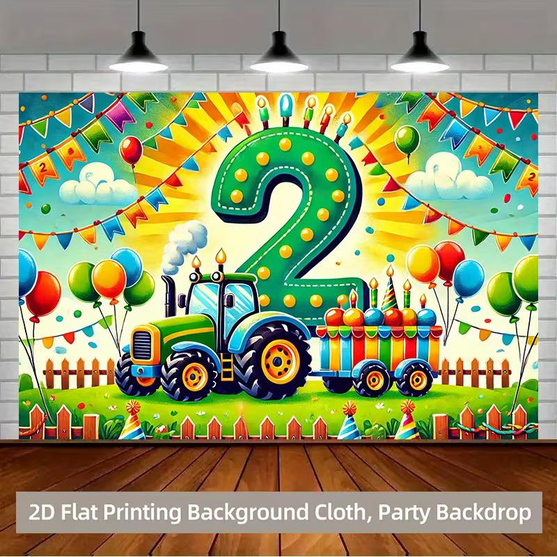 2D Tractor 2nd Birthday Backdrop for Boy Farm Themed Birthday Party