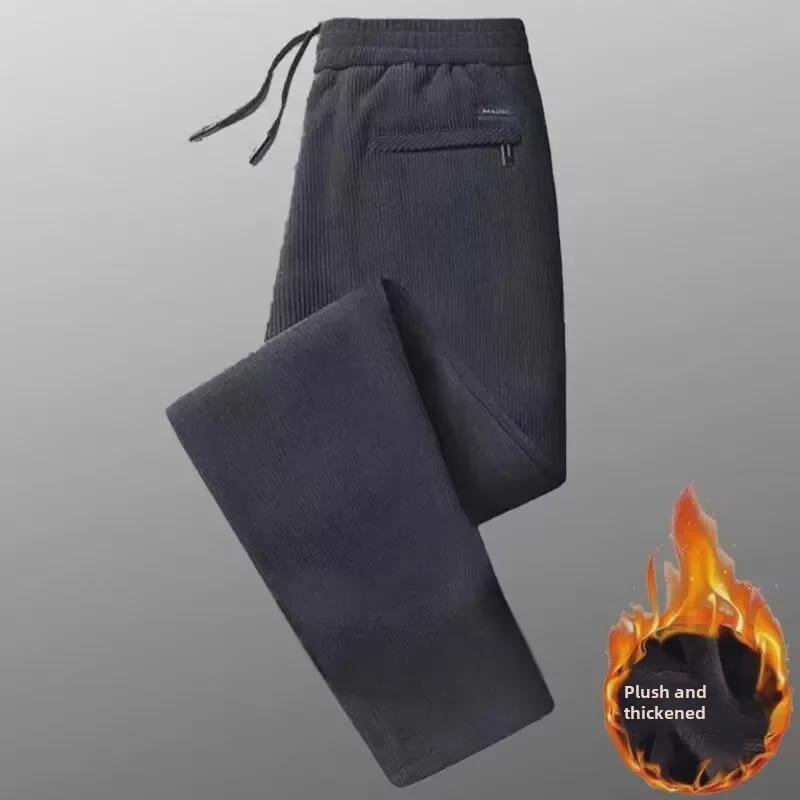 Men's Corduroy Straight Loose Casual Pants with Velvet Lining for Autumn and Winter
