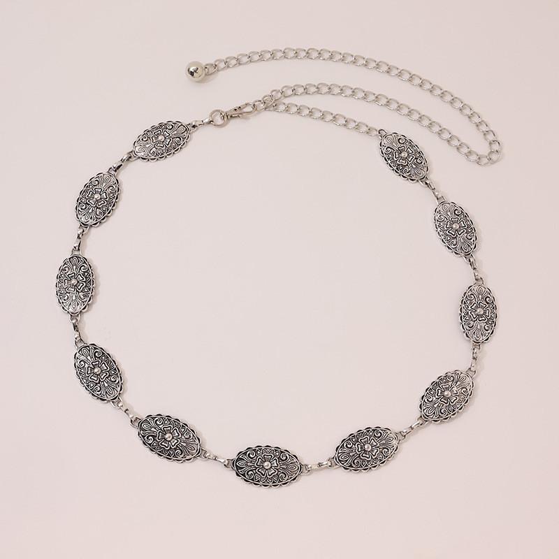 Antique Style Metal Waist Chain For Women With Engraved Flower Pattern For All Seasons Silver Flower