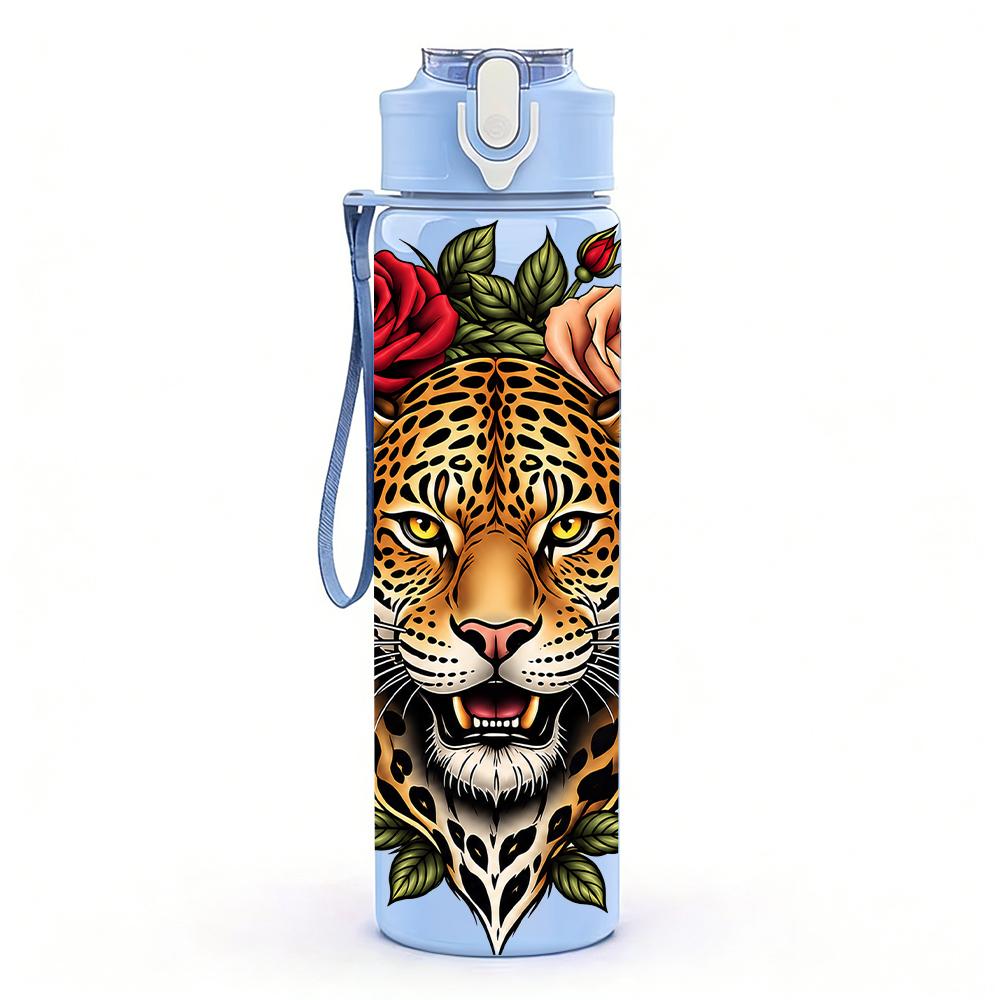 1PC Leopard Tiger Rose Graphic,750ml Color Plastic Sports Water Bottle,Leakproof Flip Straw Lid,Suitable for Sports Office Home Use