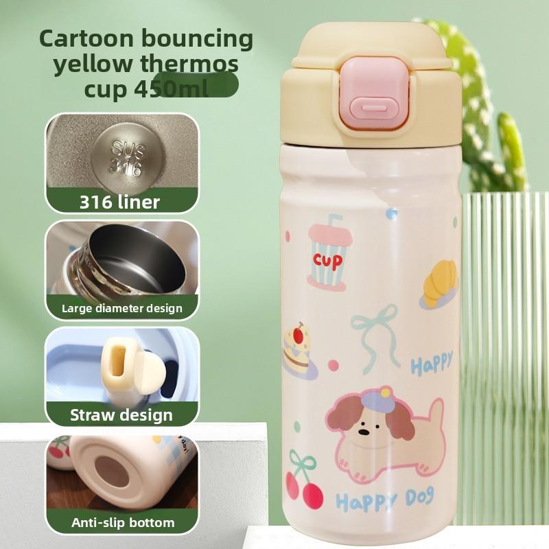 Cartoon Jump Lid Insulated Water Bottle With Stainless Steel Inner For Kids And Students