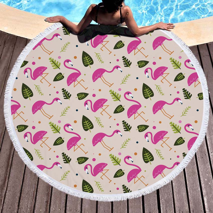 WHQ 150*150cm Flamingo Flori Imprimeu Prosop de Plajă Rotund Microfibră PROSOAPE DE DUȘ VARĂ Șal de Înot Covoraș Yoga Ciucuri