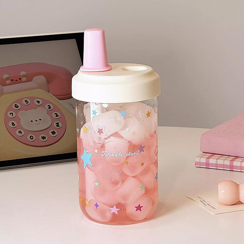 Kawaii Glass Water Bottle For Girls With Straw New Bubble Juice Milk Tea Cup Student Heat-resistant Glass Drinking Bottle 500ML