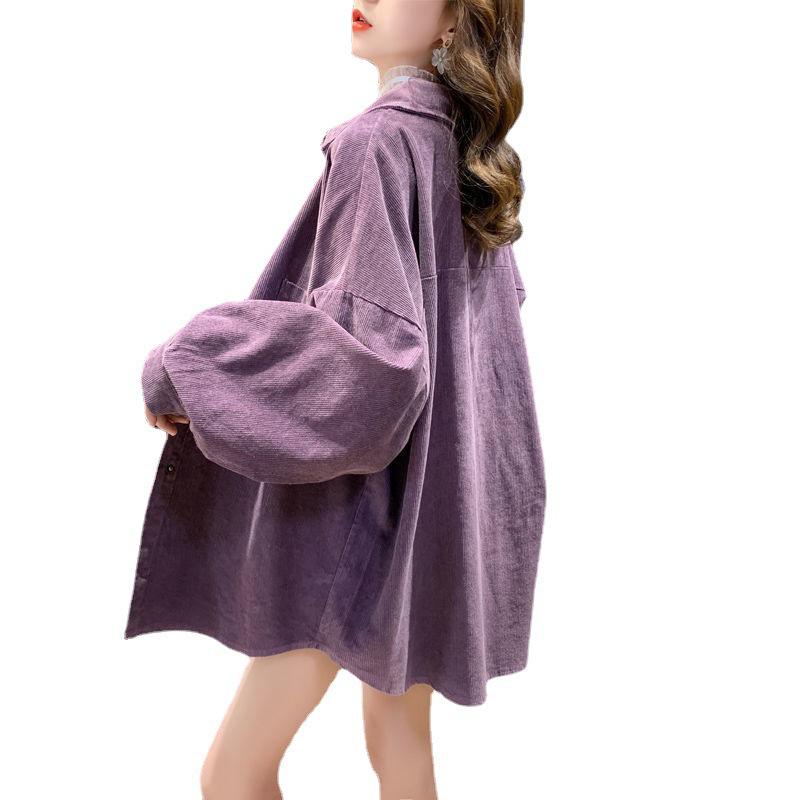 Koreansk Pendler Kordfløyel Nedbrettskrage Skjortejakke for Kvinner, Mellomlang med Lange Ermer, 2025 Vår- og Høstkolleksjon