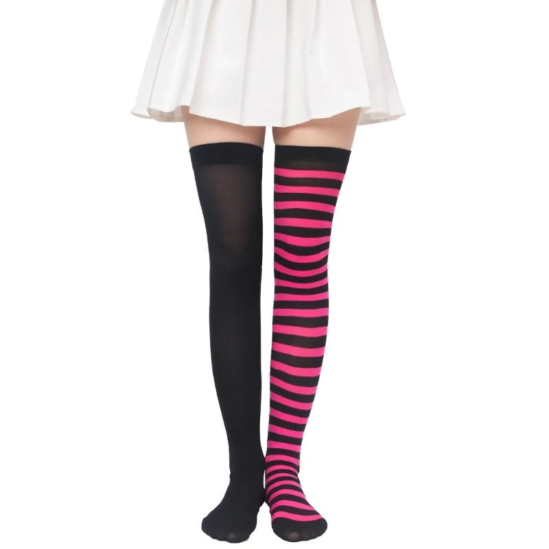 Women Christmas Thigh High Socks Asymmetrical Striped Stockings Party Costume