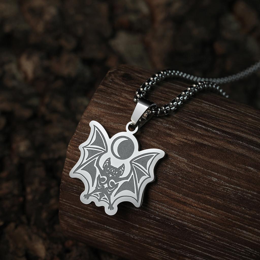 Kinitial Stainless Steel Runic Tribal Vampire Bat With Moon Men Necklace Punk Jewelry Pendant Necklace