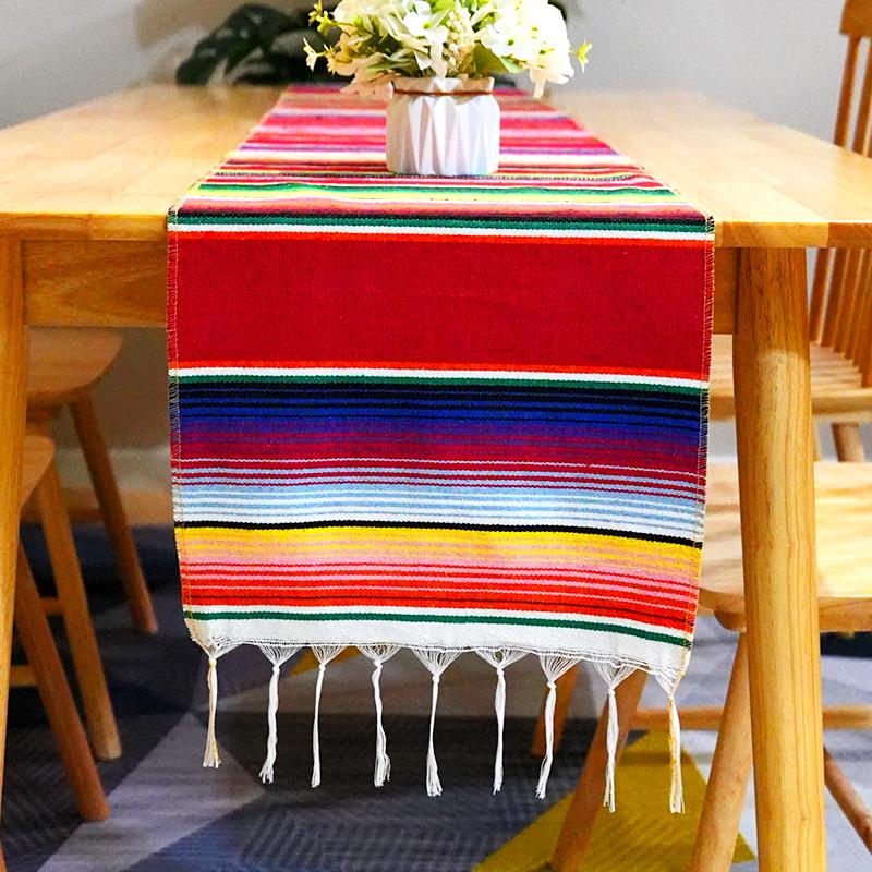 

Тканий мексиканський смугастий столовий раннер з китицями 35x215 cm + 10 cm tassels x2, 195g червоний