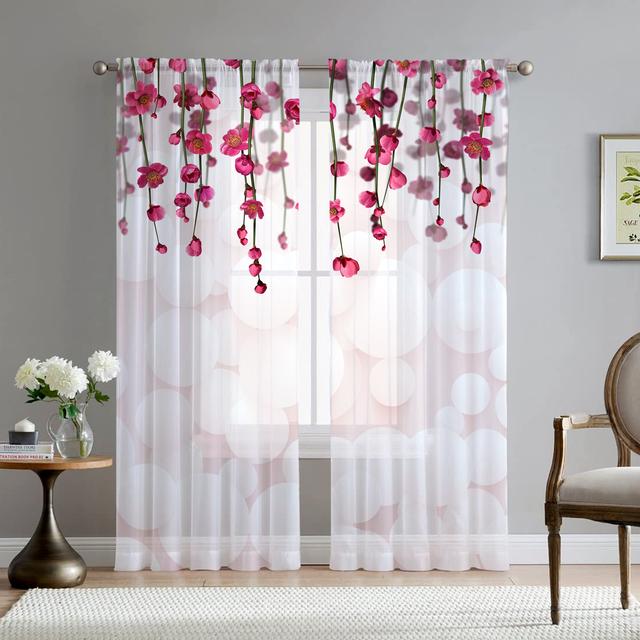 Weißer Stein Lila Rose Floral Sheer Voile Vorhang für Wohnzimmer Schlafzimmer Küche Fenster Dekor Geometrische Blumen Tüll Vorhänge