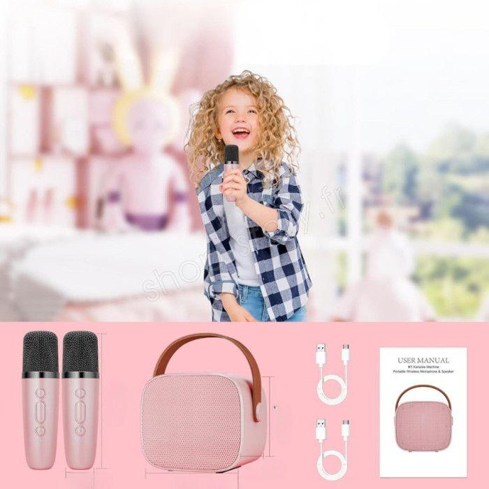 SHOP-STORY - KARAOKIT_RO: Kit de Karaoké Portable avec Enceinte LED et 2 Microphones Sans Fil Bluetooth avec Effets Sonores - Rose