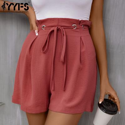 Moda feminina casual cor sólida estampa shorts cintura alta