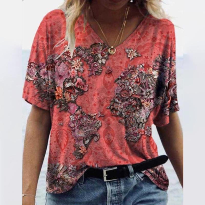 Women's T-shirts Summer Gradient Graphics Tops V-Neck Fashion Female Vintage Clothing Floral Print Tees Loose Oversized T-Shirts