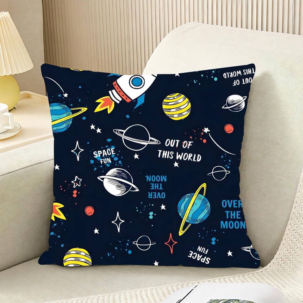 Outer Space Spaceship Astronaut Cushion Cover Reversible Plush Pillow Cover For Car Sofa Bedroom Decorative Gift Pillowcase