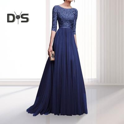 Women Prom Party Dress Round Neck Lace Flower Embroidery Half Sleeve Tight Waist Patchwork Floor Length Pleated Lady Fall Winter Maxi Evening Dress