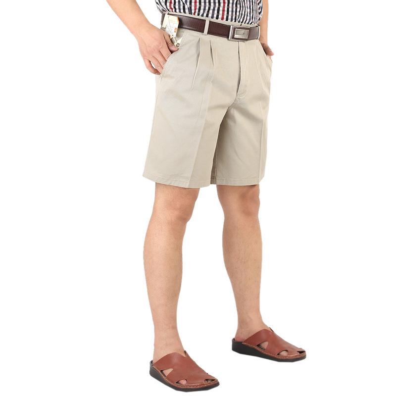 Men's Summer High-Waist Pure Cotton Loose Shorts - Double Pleated, Mid-Length Casual Wear for Middle-Aged and Elderly.