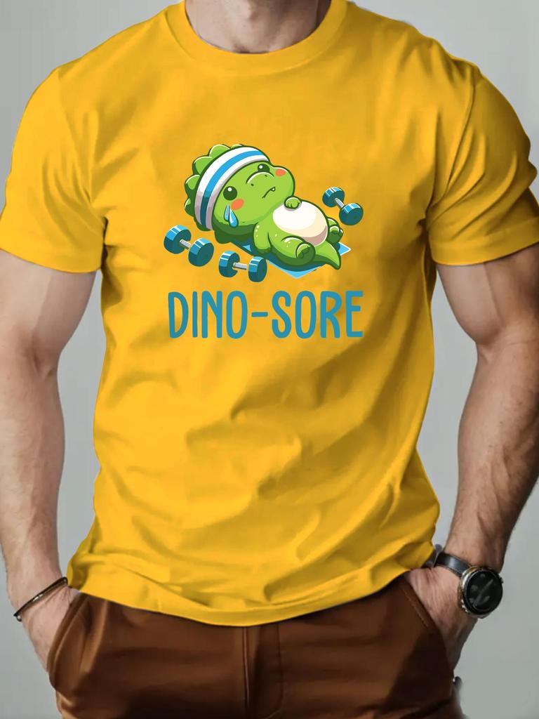 Men's Short Sleeve T-Shirt Cute Dino Sore Cartoon Dinosaur Fitness Graphic Print Weightlifting Theme Casual Streetwear Top