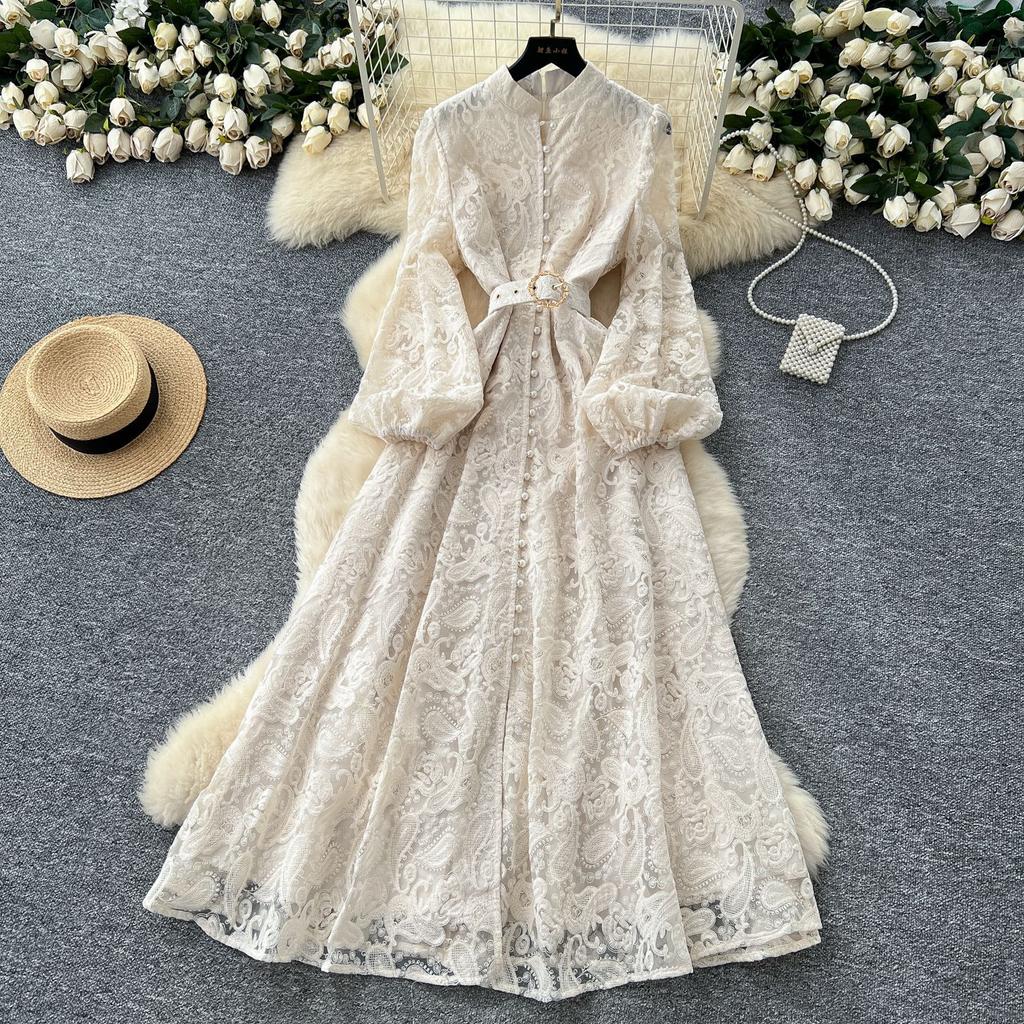 High-end elegant women's dress, new French heavy industry crochet flower waist single-breasted slim-fitting lace dress