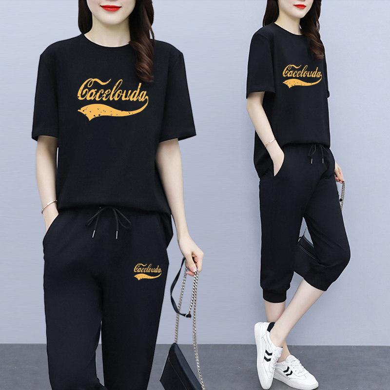 Seven-point Suit Running Casual Sports Suit Women's Five-point Pants Short-sleeved Summer Korean Version Loose Fashion Two-piece Suit
