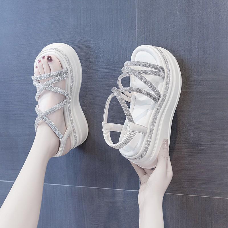 

Женские сандалии на платформе, хрустальные сандалии, сандалии на танкетке с перекрестными ремешками, летняя римская обувь, сандалии с открытым носком для пляжа для женщин 35