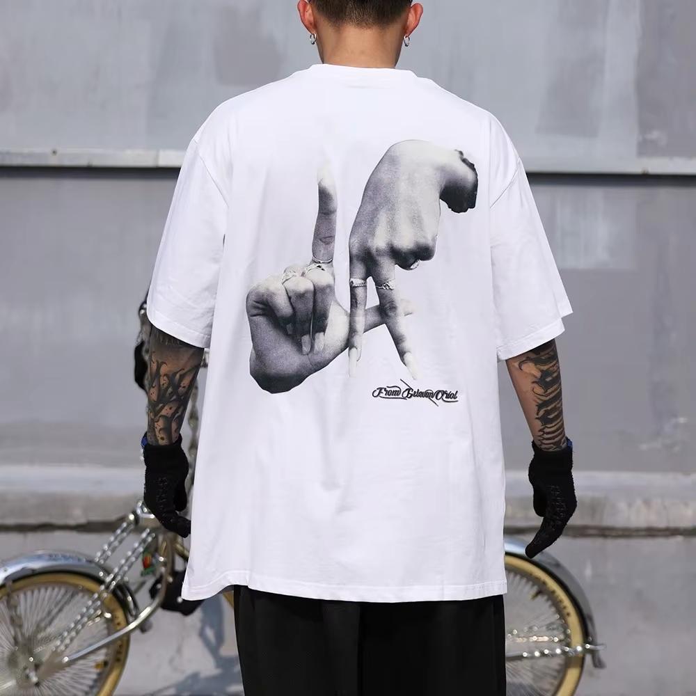 Finger Cross Print White Black Y2K Tshirts for Men and Women Short Sleeve Streetwear 100% Cotton Loose Tops Breathable Tee