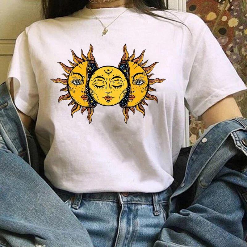 

2026 Summer Womens Sun Inside Sun Pattern TShirt Cotton and Breathable Short Sleeve Streetwear Oversized Loose Casual S