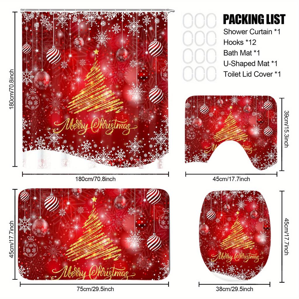 4Pcs Bathroom Shower Curtain Set Merry Christmas  Balls Xmas Pattern Bathroom Curtain With 12 Hooks Non Slip Rugs Toilet Cover Mat Bathroom Partition
