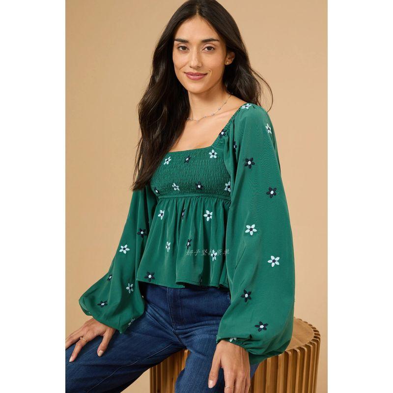 

Foreign Trade Order Altar d Home Green Embroidery Square-Cut Collar Chiffon Embroidery Top Exquisite All-Matching Show White Top Top Green Tops L