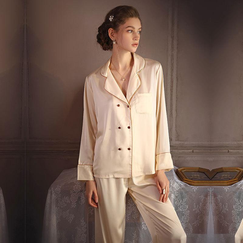 

Couple s Pajama Set Spring Summer Fall Ice Silk Satin Double-Breasted Wooden Button Long Sleeve Top and Pants Women s Loungewear XXL абрикосовий