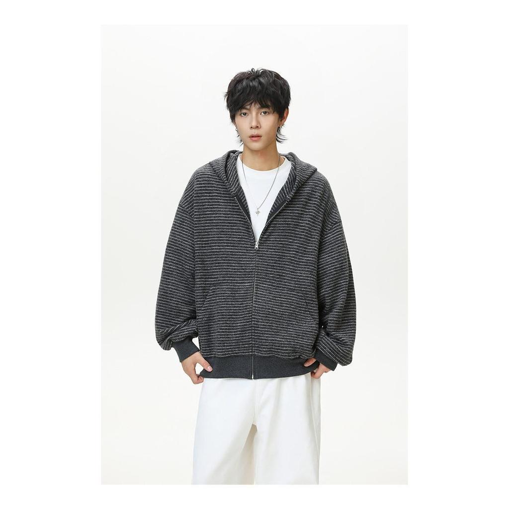 Unisex Retro Bluza z kapturem na zamek w paski Kardigan na wiosnę/jesień - Casualowa, Luźny krój