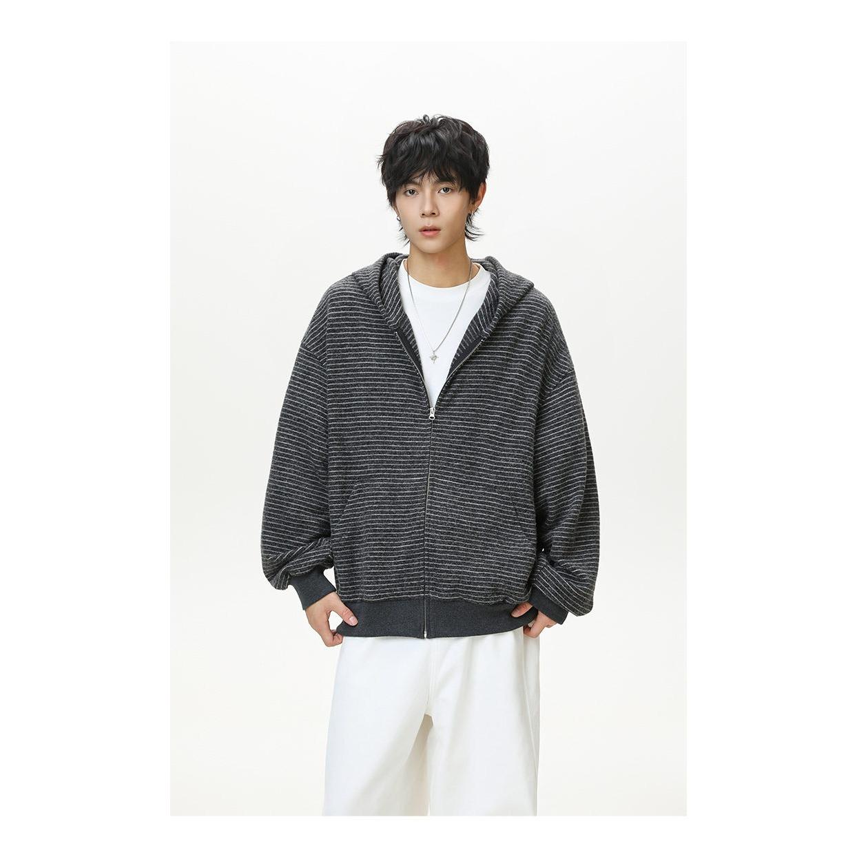 Унисекс ретро-худи на молнии в полоску, кардиган для весны/осени - Повседневное, свободный крой Small чёрный