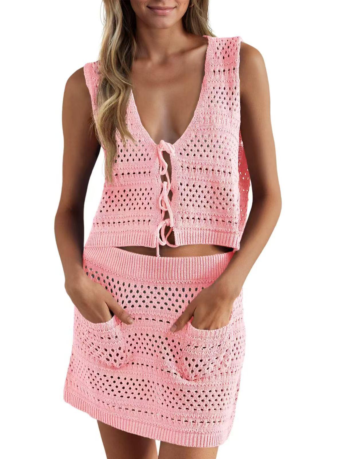 

Летнее платье-купальник в европейском и американском стиле, ажурная вязка XL розовый