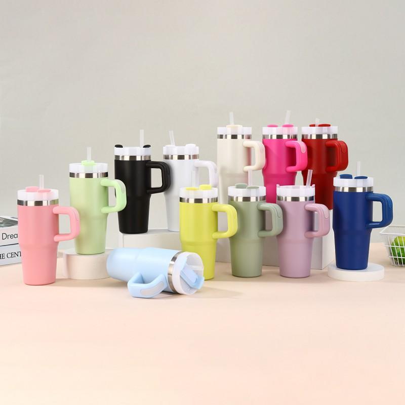 14oz Stainless Steel Vacuum Insulated Travel Mug With Handle Straw Car Office Outdoor Use