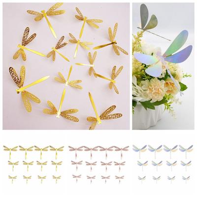 Gardening Ornament Party Wedding Metal Texture Hollow Dragonflies Wall Decals 3D Dragonfly Stickers