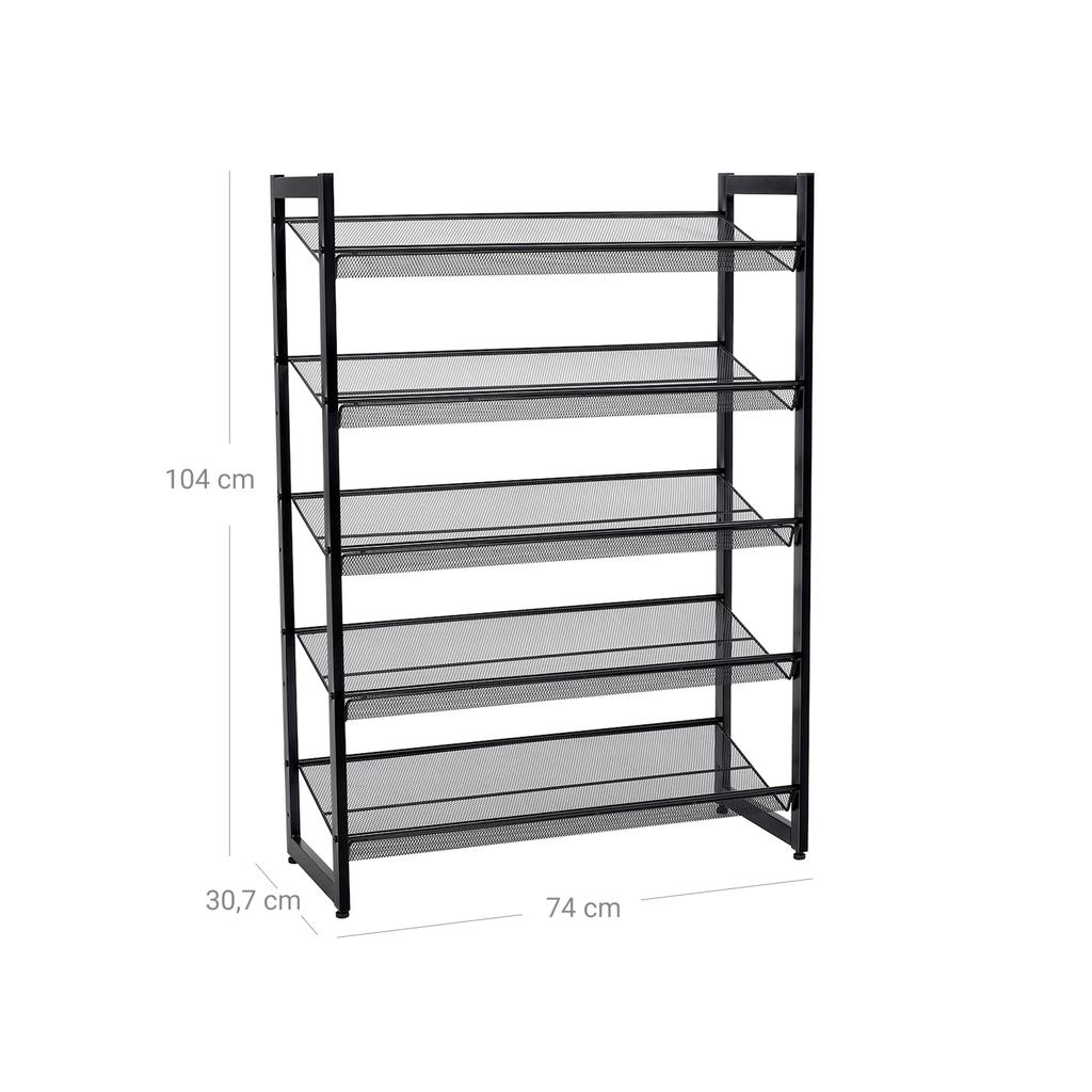 SONGMICS 5 Tier Metal Mesh Shoe Rack with Flat Angled Shelves, Large Stackable and Adjustable Boots Storage Organiser in Hallway Closet LMR005B, Black