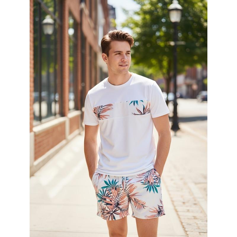 3D Printed Men s Tropical Print Summer Sports Suit, Fashionable Casual Wear, Short Sleeve T-Shirt and Shorts, Lightweight and Breathable, Sportswear S