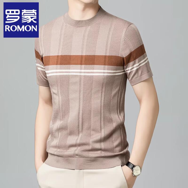 ROMON Men's Silk Blend Striped Knit Short Sleeve T-Shirt