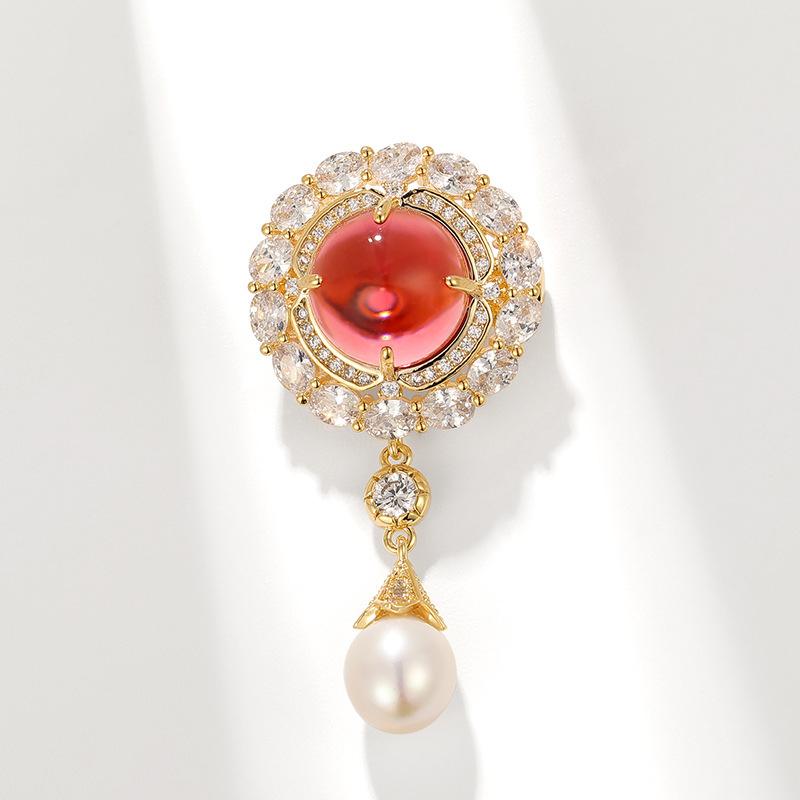 Bo Xin Yun Chinese Palace Gemstone Brooch with Teardrop Pearl - Elegant Round Corsage Pin
