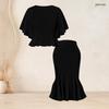 Women Plus Size Black Printed Round Neck Batwing Sleeve Ruffle Hem Top Fishtail Skirt Two Piece Set