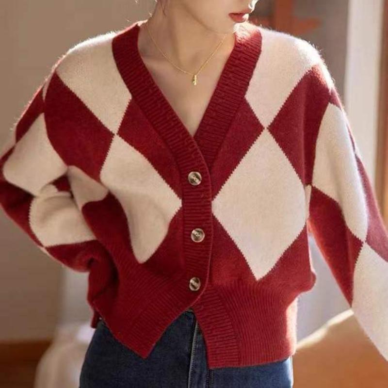 New Year Knitted Sweater Cardigan Women's Spring and Autumn Winter Retro V-neck Inner Top Coat